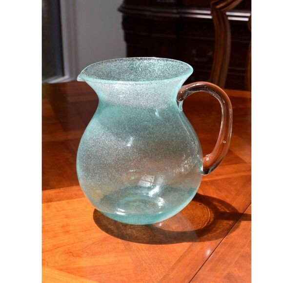 Teal Turquoise Art Glass Pitcher Controlled Bubble Texture Shoreline Collection - Picture 2 of 8